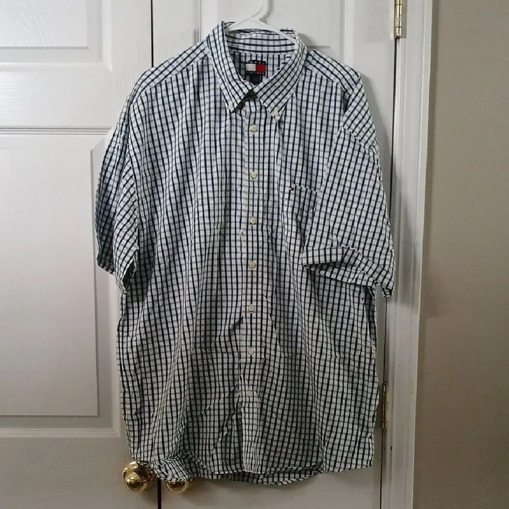 Tommy Hilfiger blue white button down short sleeve collared dress shirt Sz XXL